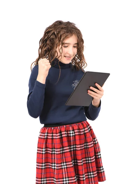 Portrait Pretty Curly Young Girl Smile Showing Tablet Isolated White — Stock Photo, Image