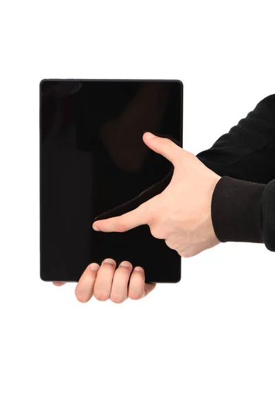 Hand Holds Tablet Isolated White Background High Resolution Photo Full — Stock Photo, Image