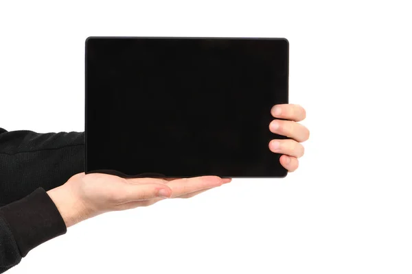 Hand Holds Tablet Isolated White Background High Resolution Photo Full — Stock Photo, Image