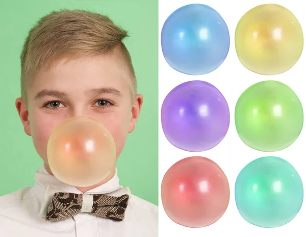 Boy Blowing Bubblegum Bubble Isolated Green Six Blanks — Stock Photo, Image