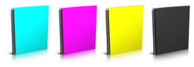 Boş spiral defter CMYK. Üç boyutlu tasvir. Beyaz arkaplanda izole. 