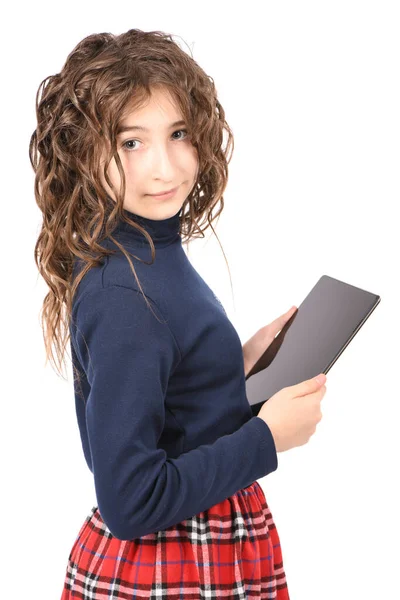 Portrait Pretty Curly Young Girl Smile Showing Tablet Isolated White — Stock Photo, Image