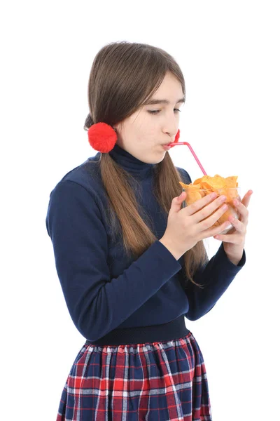 Pre Adolescent Girl Holding Bowl Full Potato Chips Isolated White — Stock Photo, Image