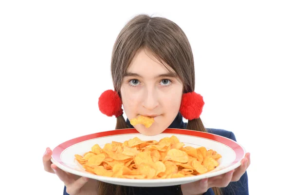 Pré Adolescente Segurando Prato Está Cheio Batatas Fritas Isolado Fundo — Fotografia de Stock