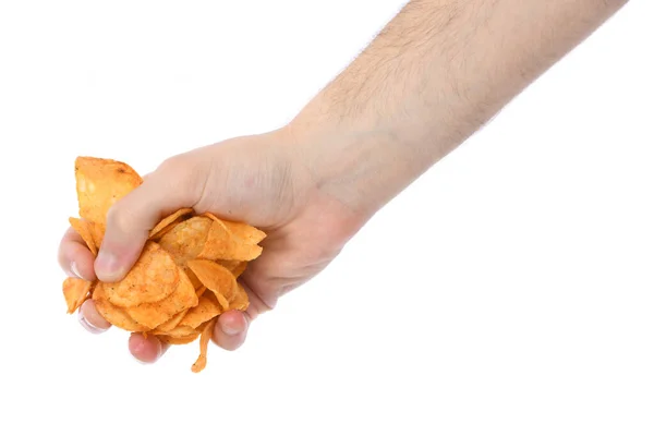 Male Hand Holding Potato Chips Isolated White Background High Resolution — Stock Photo, Image