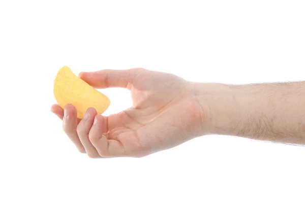 Male Hand Holding Potato Chip Isolated White Background High Resolution — Stock Photo, Image