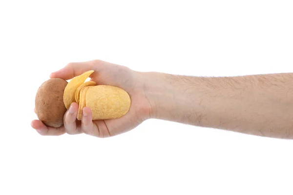 Mano Masculina Sosteniendo Patatas Patatas Fritas Aislado Sobre Fondo Blanco —  Fotos de Stock