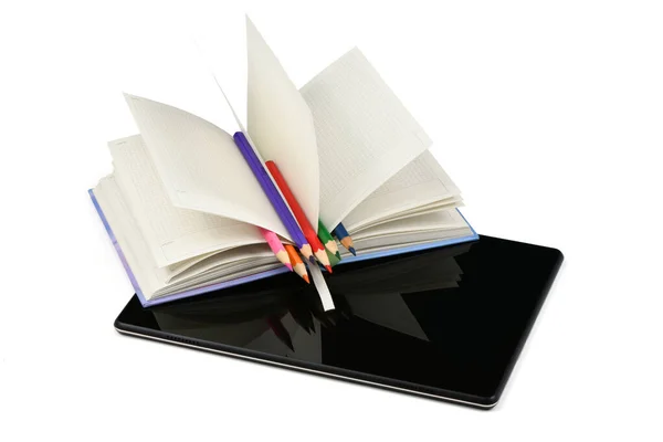 Geopend Notitieboekje Tablet Geïsoleerd Witte Achtergrond Hoge Resolutie Foto Volledige — Stockfoto