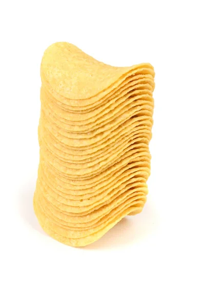 Tasty Crispy Potato Chips Stacked Isolated White Background High Resolution — Stock Photo, Image