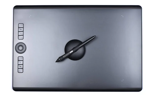 Top View Επαγγελματικό Tablet Γραφικών Ψηφιοποιημένο Στυλό Απομονωμένο Λευκό Φόντο — Φωτογραφία Αρχείου