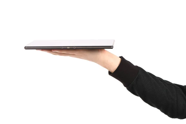 Kézben Tartja Tabletta Izolált Fehér Alapon Nagy Felbontású Fotó Teljes — Stock Fotó