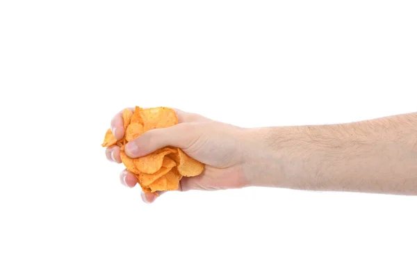 Manlig Hand Håller Potatischips Isolerad Vit Bakgrund Högupplöst Foto Fullständigt — Stockfoto