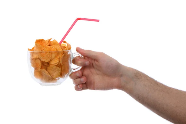 Male Hand Holding Holding Bowl Full Potato Chips Isolated White — Stock Photo, Image