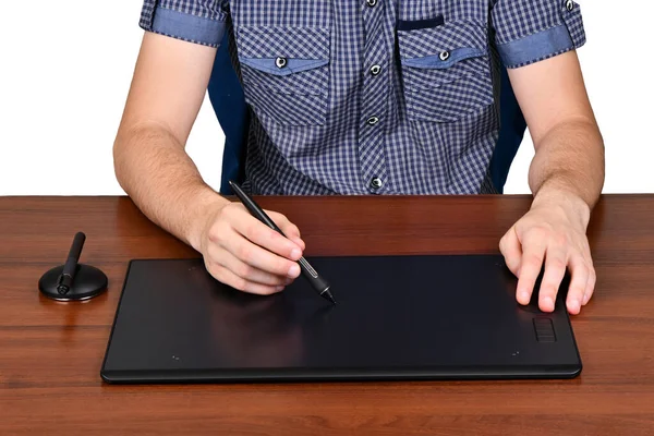 Man Arbetade Professionell Grafik Tablett Högupplöst Foto Fullständigt Skärpedjup — Stockfoto