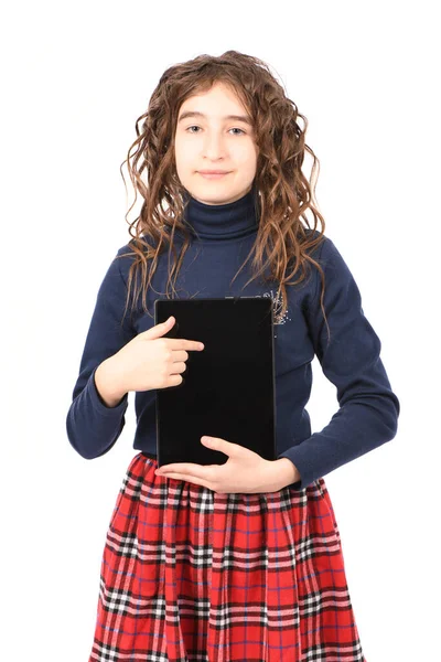 Portrait Pretty Curly Young Girl Smile Showing Tablet Isolated White — Stock Photo, Image