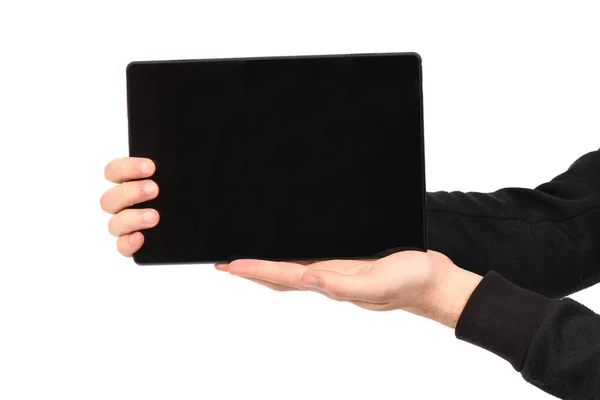 Hand Holds Tablet Isolated White Background High Resolution Photo Full — Stock Photo, Image