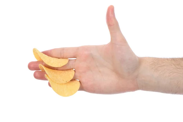 Mano Masculina Sosteniendo Patatas Fritas Aislado Sobre Fondo Blanco Foto —  Fotos de Stock