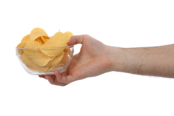 Mano Masculina Sosteniendo Tazón Lleno Papas Fritas Aislado Sobre Fondo — Foto de Stock