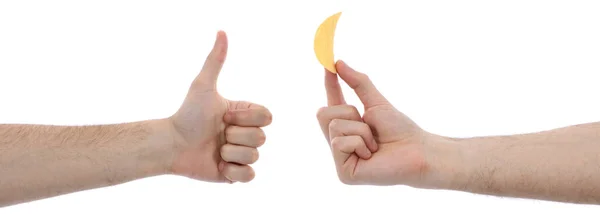 Two Male Hands First Offers Potato Chip Second Chooses Isolated — Stock Photo, Image