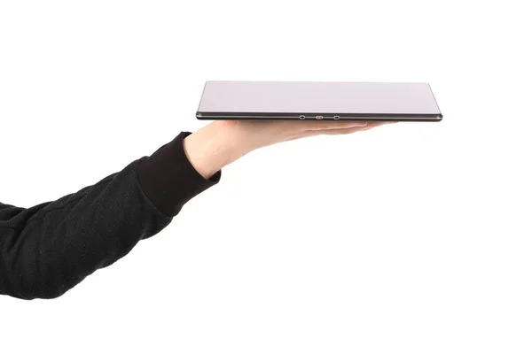 Mão Segura Tablet Isolado Fundo Branco Foto Alta Resolução Profundidade — Fotografia de Stock