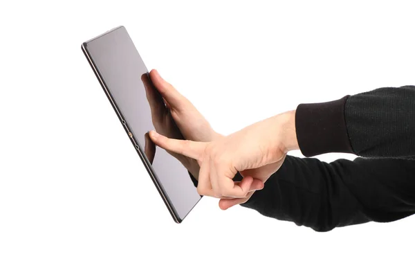 Ręcznie Trzyma Tabletkę Wyizolowaną Białym Tle Zdjęcie Wysokiej Rozdzielczości Pełna — Zdjęcie stockowe