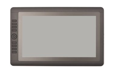 Siyah renkli kapaklı dijital tablet beyaz arkaplanda izole edilmiş. Siyah tablet bilgisayar ve boş ekran. Yüksek çözünürlüklü. Tam alan derinliği.