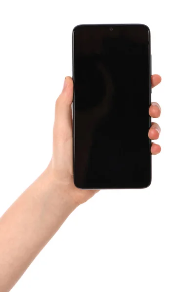 Mužská Ruka Drží Vodorovně Černý Smartphone Prázdnou Obrazovkou Izolované Bílém — Stock fotografie