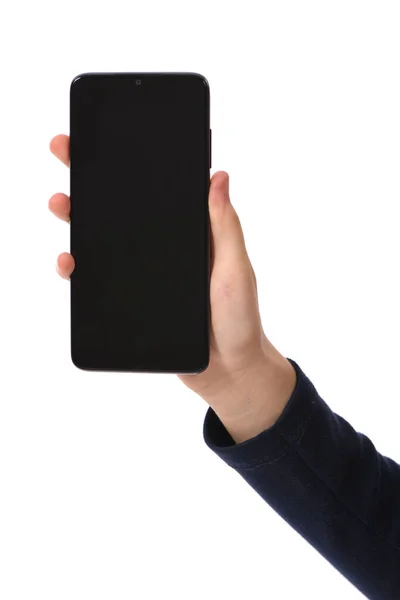 Mann Hält Das Schwarze Smartphone Mit Leerem Bildschirm Waagerecht Isoliert — Stockfoto