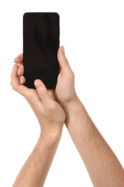 Mann Hält Schwarzes Smartphone Mit Leerem Bildschirm Der Hand Isoliert — Stockfoto