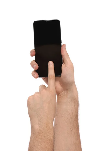 Mann Hält Schwarzes Smartphone Mit Leerem Bildschirm Der Hand Isoliert — Stockfoto