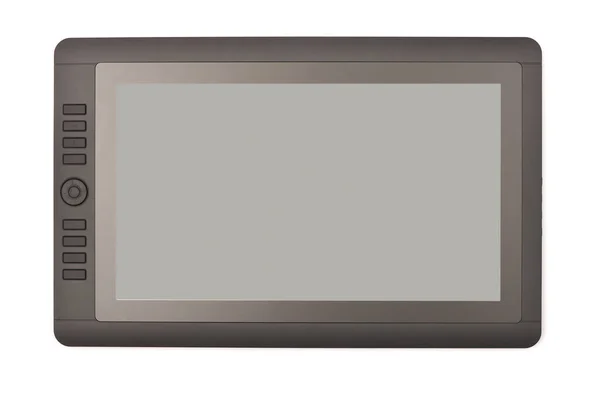 白い背景に黒のカバーを持つデジタルタブレット 空白の画面を持つ黒いタブレットコンピュータ 高解像度写真 場の深さ — ストック写真