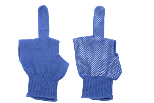 Blue Work Gloves Shows Middle Finger Sign Isolated White Background — Stock Photo, Image