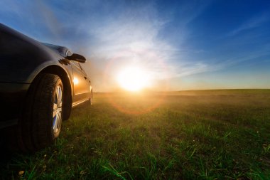 güneşli yeşil alan boyunca toprak yolda araba 