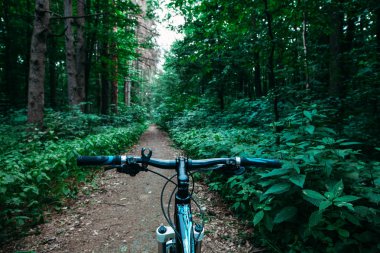 Bisikletle tepeden aşağıya doğru hızla inen dağ bisikleti. Motorcuların gözlerinden bak.