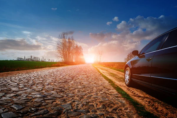 Black Car Asphalt Road Summer Sunset Sky — Stock Photo, Image