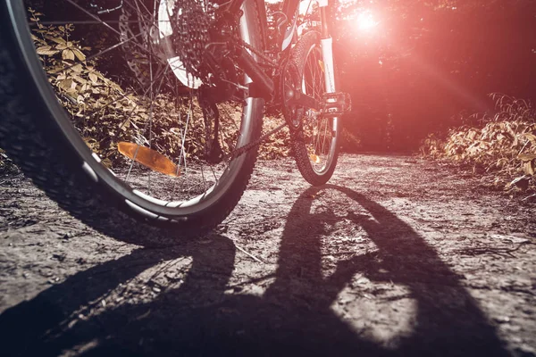 山の自転車で急速に下降丘を自転車 バイカーの目からの眺め — ストック写真