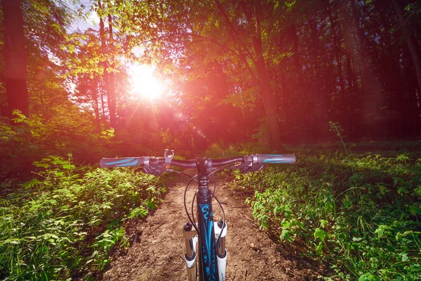 Bisikletle tepeden aşağıya doğru hızla inen dağ bisikleti. Motorcuların gözlerinden bak.