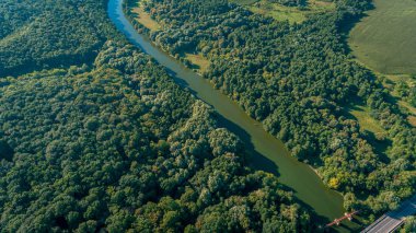 Kameralı bir dron, güzel bir yaz nehri yüksekten küçük bir nehir