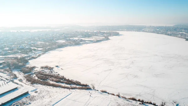Aerial Winter Top View High Rural Slow Living Small River — Stock Photo, Image