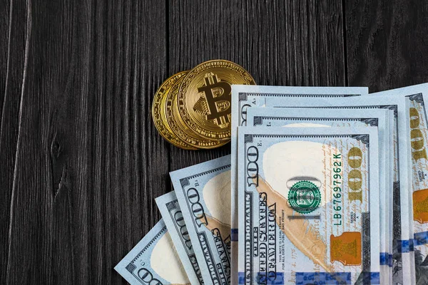 Pièce Bitcoin Sur Nous Dollars Fermer Monnaie Électronique Crypto — Photo
