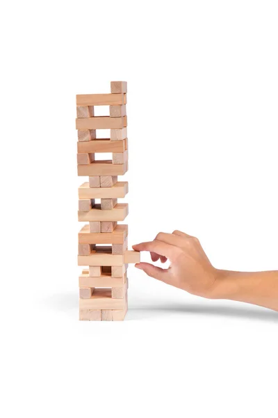Der Turm Aus Holzklötzen Und Frauenhand Nehmen Einen Block — Stockfoto