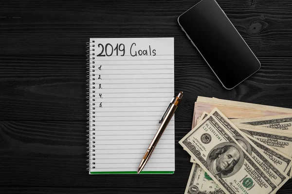 2019 Goals Seu Caderno Conceito Resoluções Ano Novo Vista Superior — Fotografia de Stock