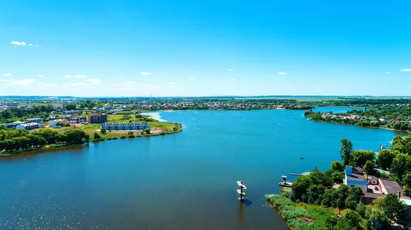 Drönare Med Kamera Vacker Sommar Liten Flod Från Höjd — Stockfoto