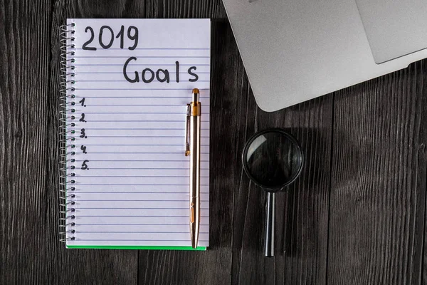 2019 Objetivos Cuaderno Concepto Resoluciones Año Nuevo Vista Superior — Foto de Stock
