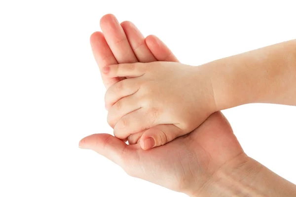 Baby und Mutter Hände isoliert auf weiß — Stockfoto