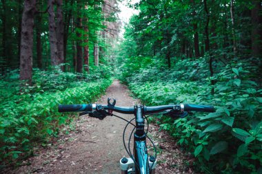 Bisikletle tepeden aşağıya doğru hızla inen dağ bisikleti. Motorcuların gözlerinden bak.