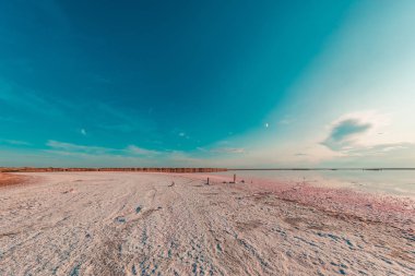 c ile mavi bir gökyüzü altında bir deniz koyu ile pembe göl ve kumlu plaj