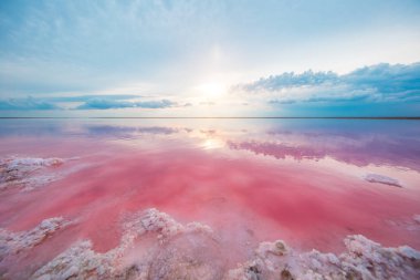 Pembe göl ve kumlu sahil manzaralı.