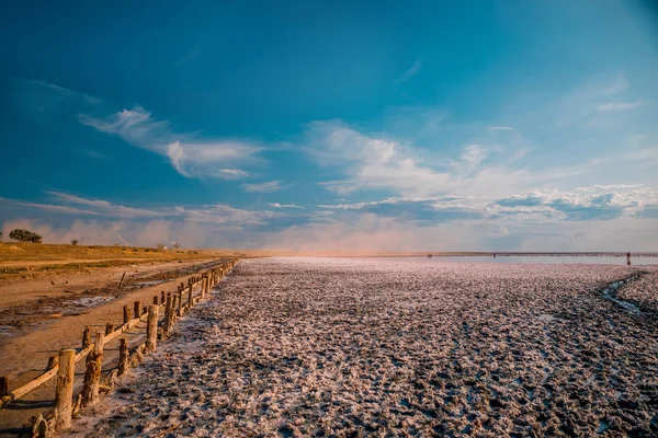 c ile mavi bir gökyüzü altında bir deniz koyu ile pembe göl ve kumlu plaj
