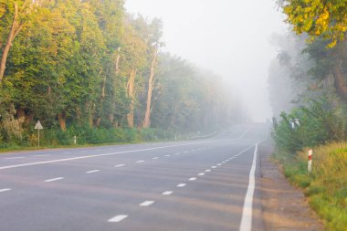 Şehrin dışındaki asfalt yol ve üzerindeki kalın sis. 